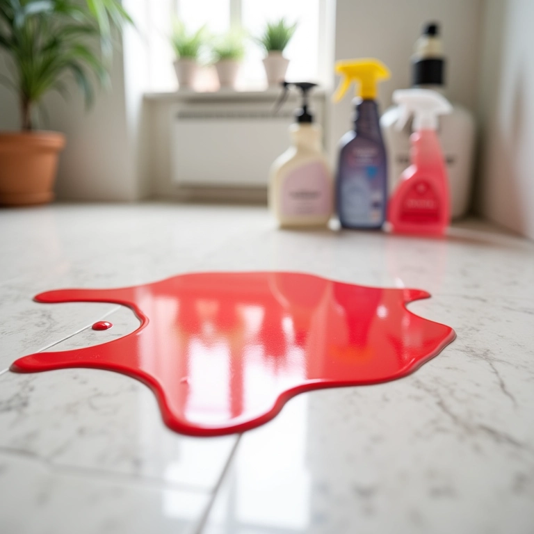Mancha de esmalte vermelho derramado no chão com produtos de limpeza ao redor.