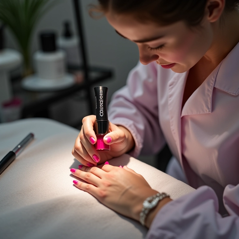 Manicure aplicando esmalte Dailus PRO hipoalergênico em salão.