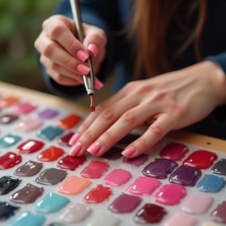 Manicure escolhendo cores de esmalte para degradê.