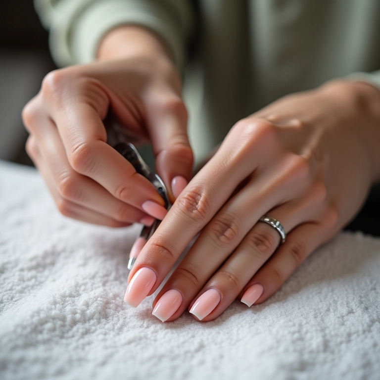 Manutenção das unhas de fibra de vidro almond.