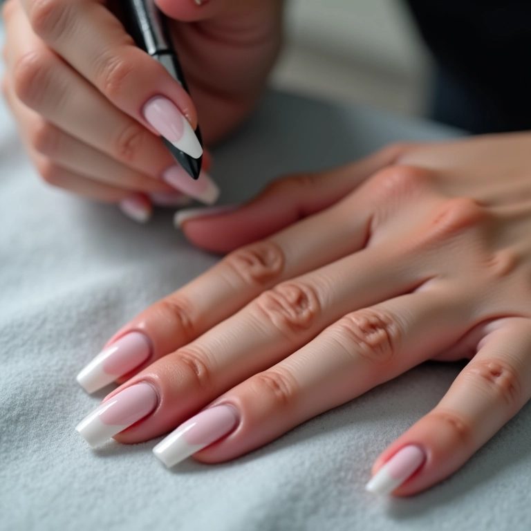Manutenção periódica de unhas de fibra em salão de beleza.