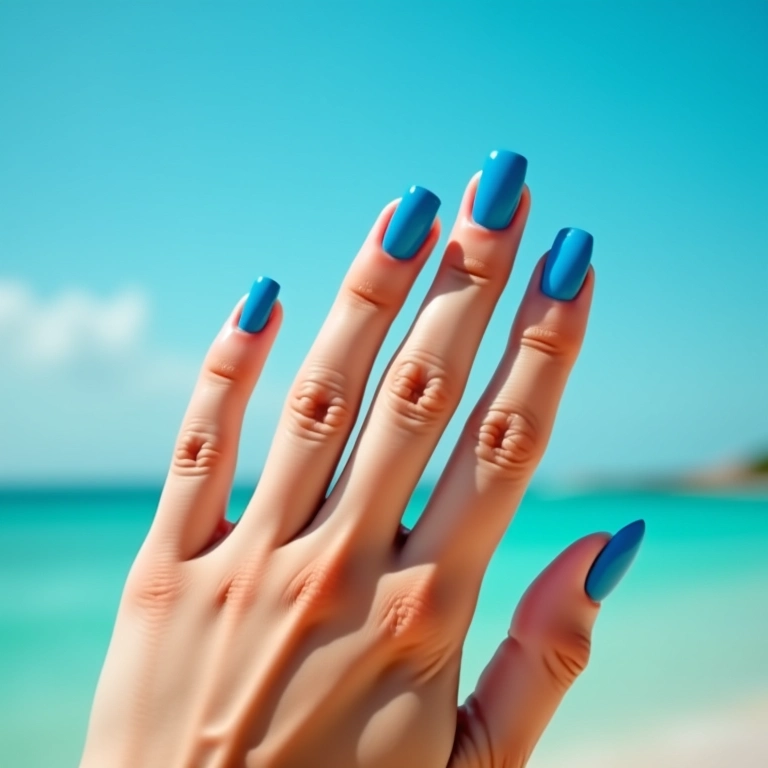 Mão com esmalte azul brilhante em frente a uma praia brasileira vibrante.