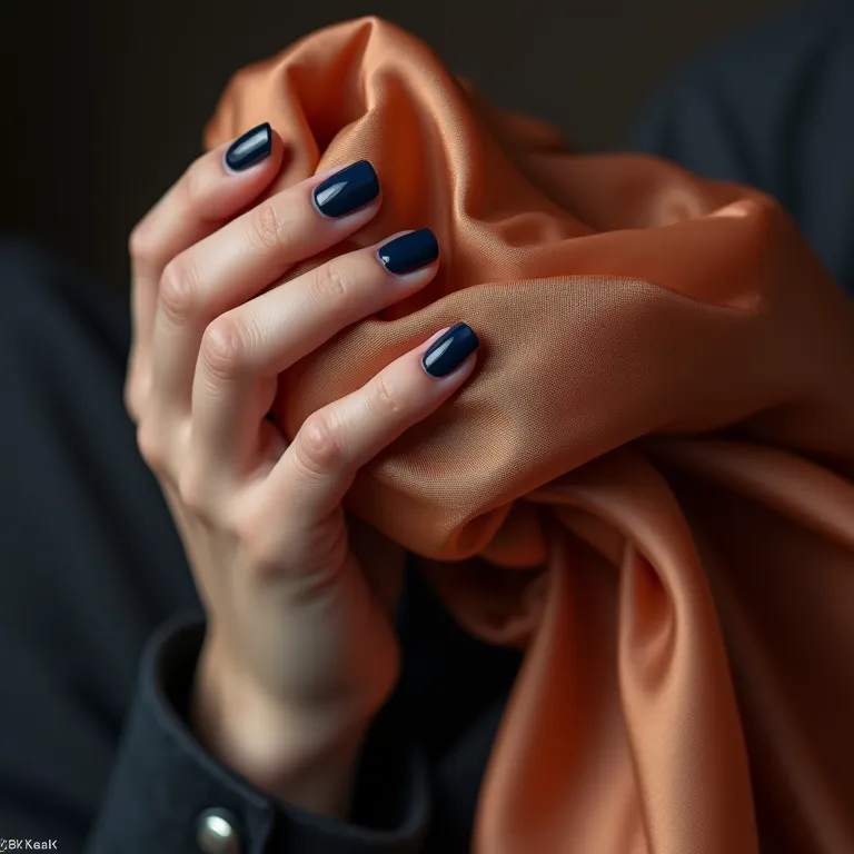 Mão com esmalte azul marinho segurando um lenço de seda azul.