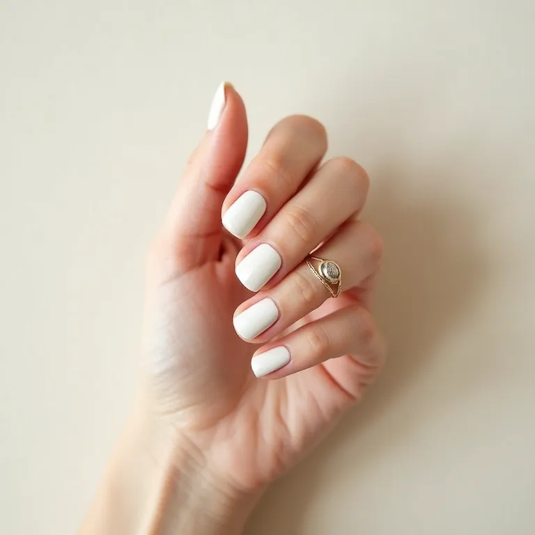 Mão com esmalte branco cremoso e joias minimalistas.
