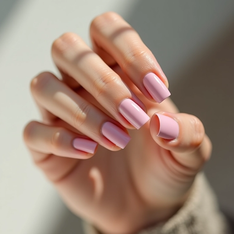 Mão com esmalte Jackie matte, design minimalista em fundo neutro.