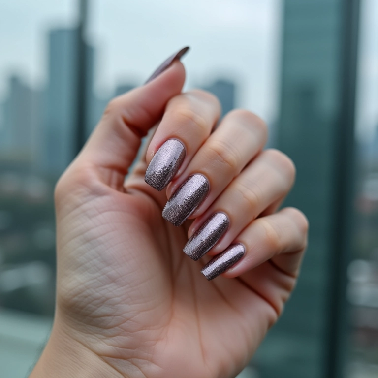 Mão com esmalte Jackie metálico em um ambiente de arquitetura moderna.