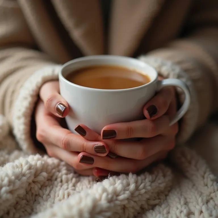 Mão com esmalte marrom sobre manta aconchegante e xícara de café.
