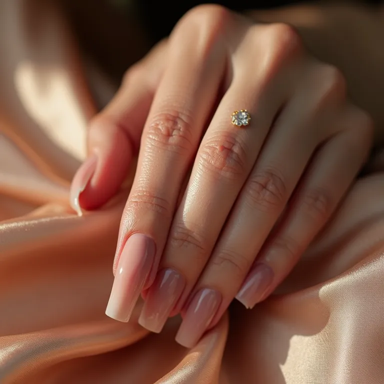Mão com esmalte nude elegante sobre lenço de seda.