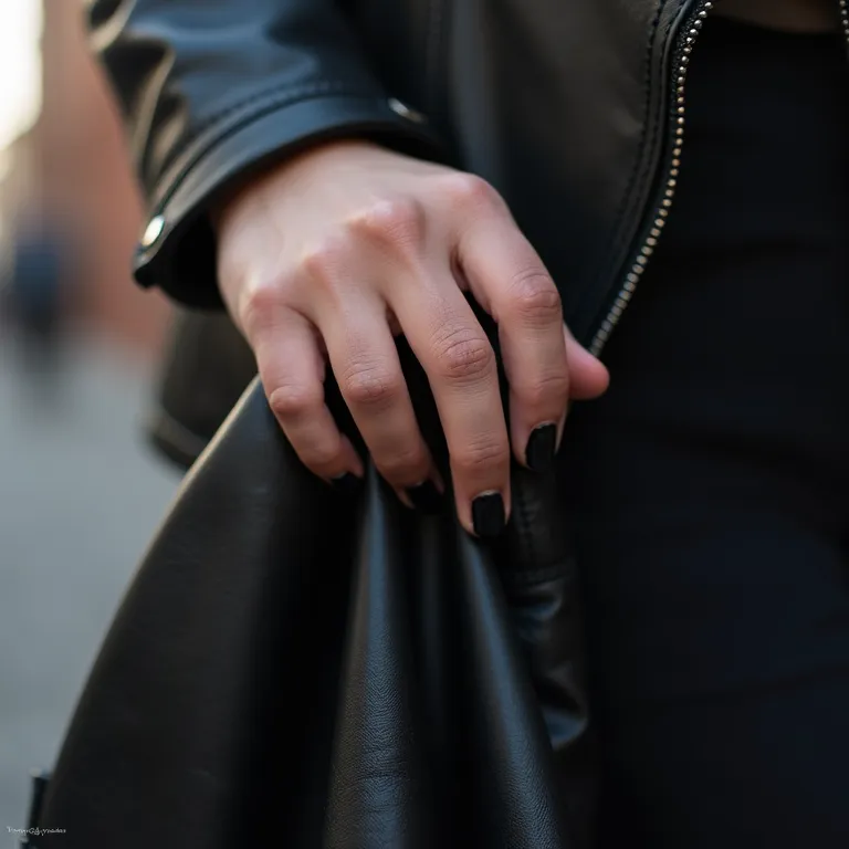 Mão com esmalte preto segurando uma jaqueta de couro preta.