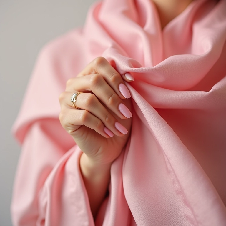 Mão com esmalte rosa tocando lenço de seda.