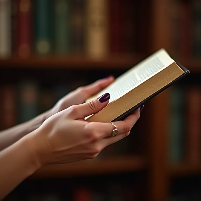 Mão com esmalte roxo berinjela segurando um livro em biblioteca aconchegante.