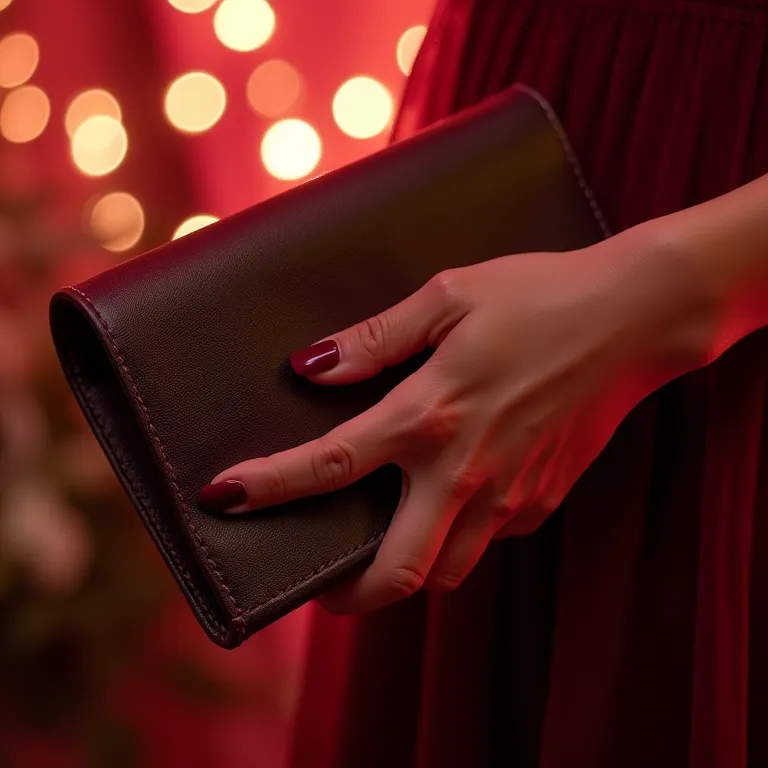 Mão com esmalte vermelho escuro segurando uma clutch em festa glamourosa.