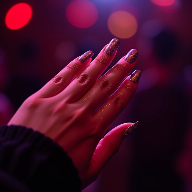 Mão de mulher latina com esmalte glitter brilhando sob luzes em clube de samba.