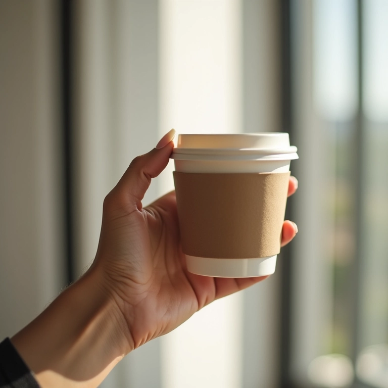 Mão de mulher morena com esmalte nude segurando xícara de café.