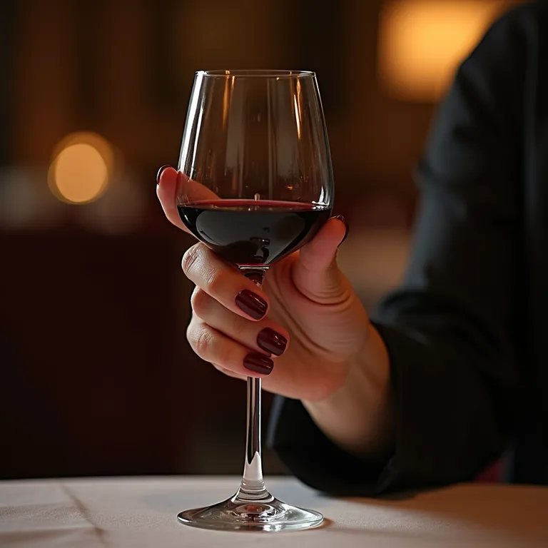 Mão elegante com esmalte vinho segurando uma taça de vinho tinto.