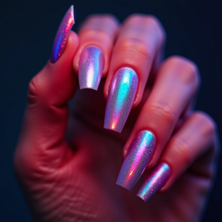 Mão exibindo esmalte Jackie holográfico, cores do arco-íris vibrantes.