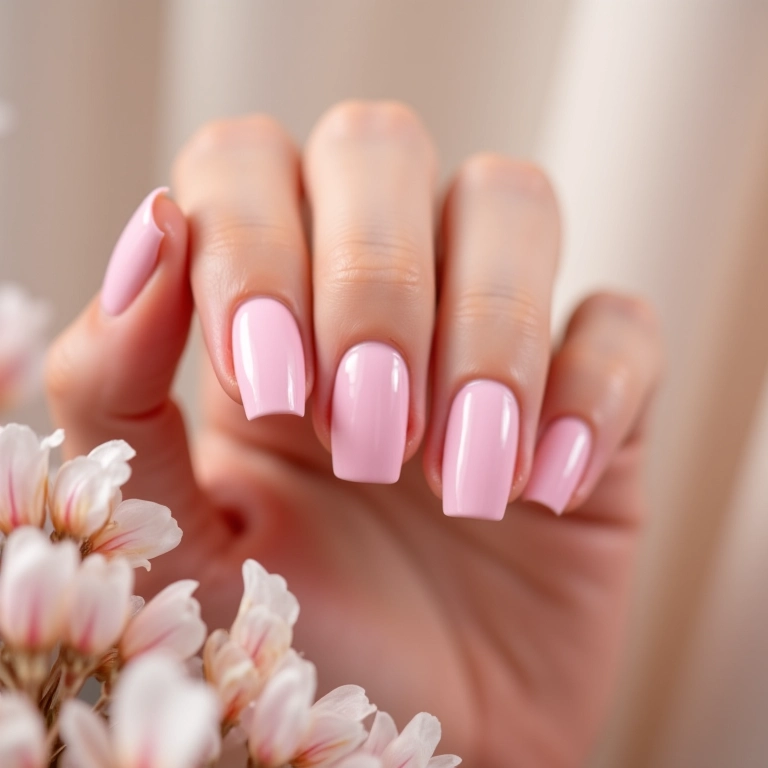 Mão exibindo esmalte Jackie rosa claro, flores delicadas ao fundo.