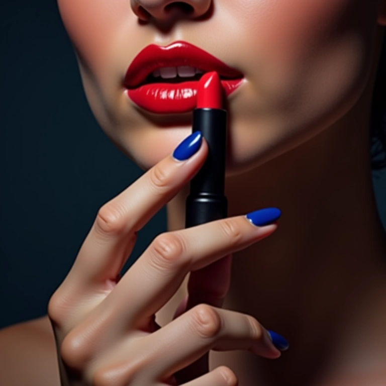 Mão feminina com esmalte azul segurando um batom vermelho.