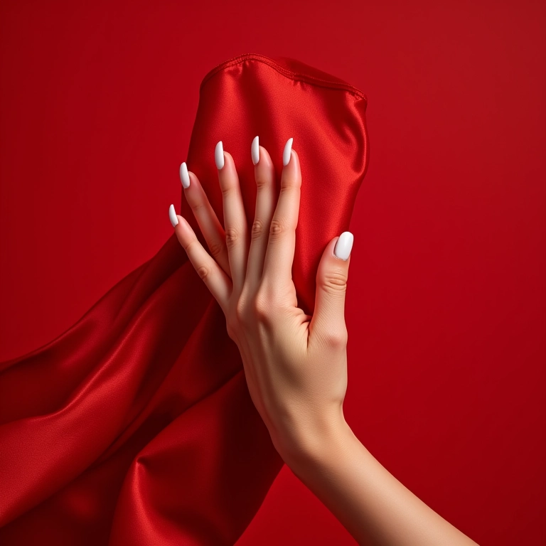 Mão feminina com esmalte branco tocando um lenço de seda vermelho.