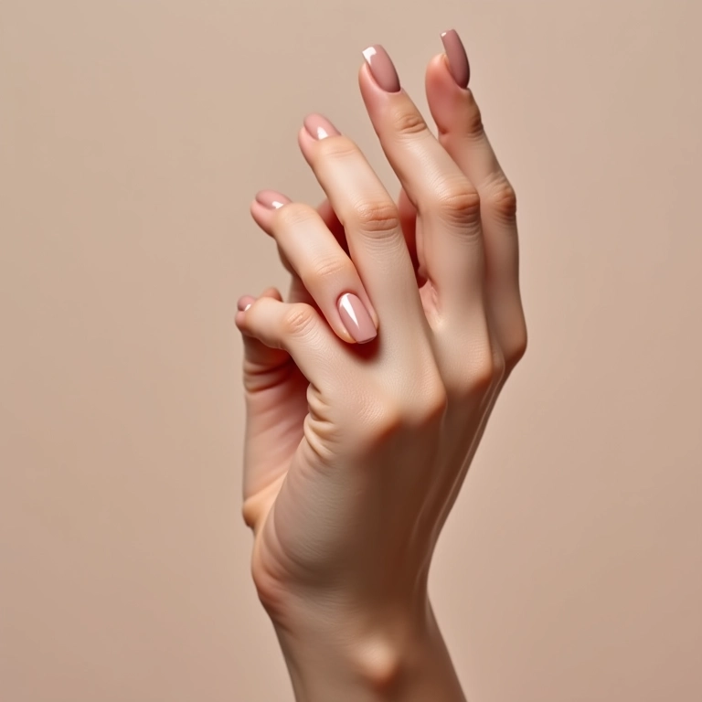 Mão feminina com esmalte Jackie nude elegante, fundo minimalista.