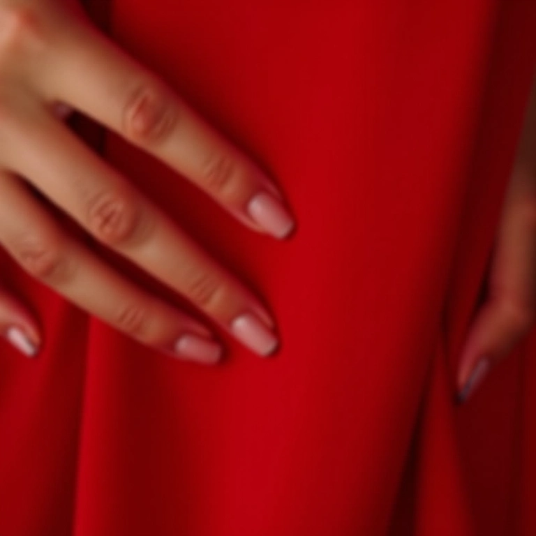 Mão feminina com esmalte nude segurando tecido de vestido vermelho.