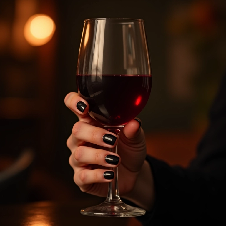 Mão feminina com esmalte preto segurando uma taça de vinho tinto.