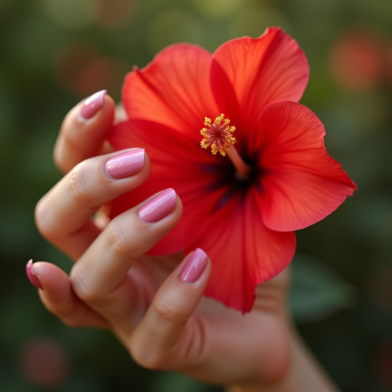 Mão feminina com esmalte rosa tocando uma flor vermelha.