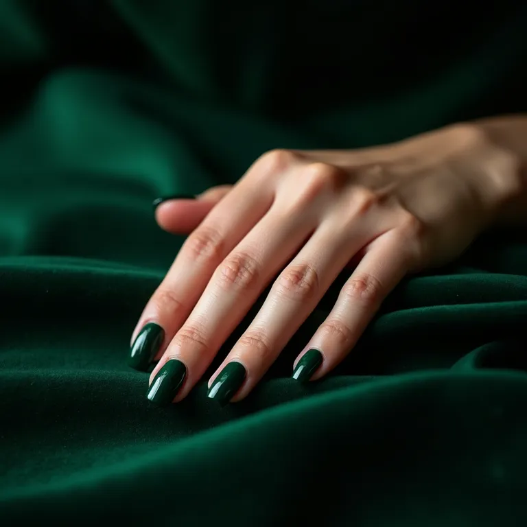 Mão feminina com esmalte verde profundo sobre tecido de veludo.