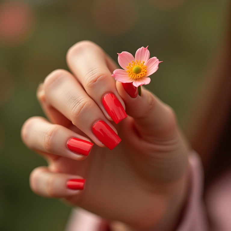 Mão feminina com esmalte vermelho clássico segurando flor delicada.