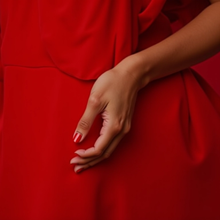 Mão feminina com esmalte vermelho ousado perto de um vestido vermelho.