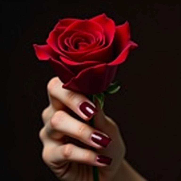 Mão feminina com esmalte vinho segurando uma rosa vermelha.