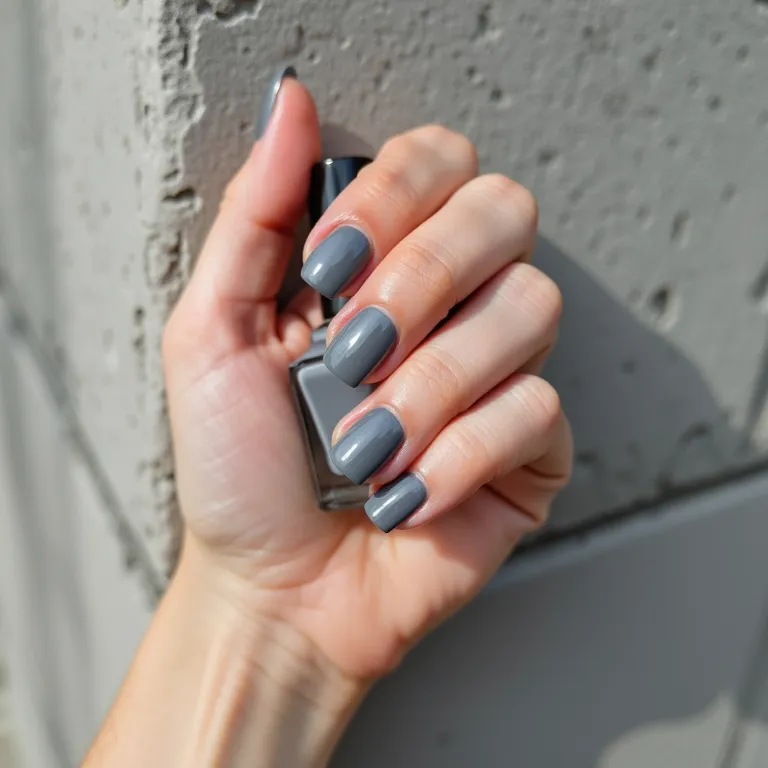 Mão feminina com esmaltes cinzas elegantes contra parede de concreto.