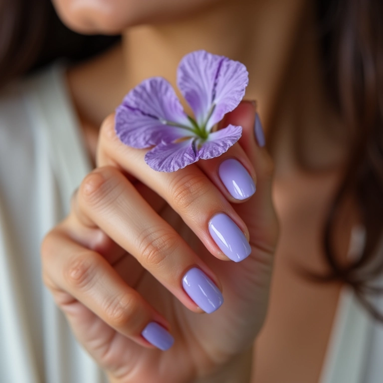 Mão feminina com unhas roxo claro segurando flor delicada.