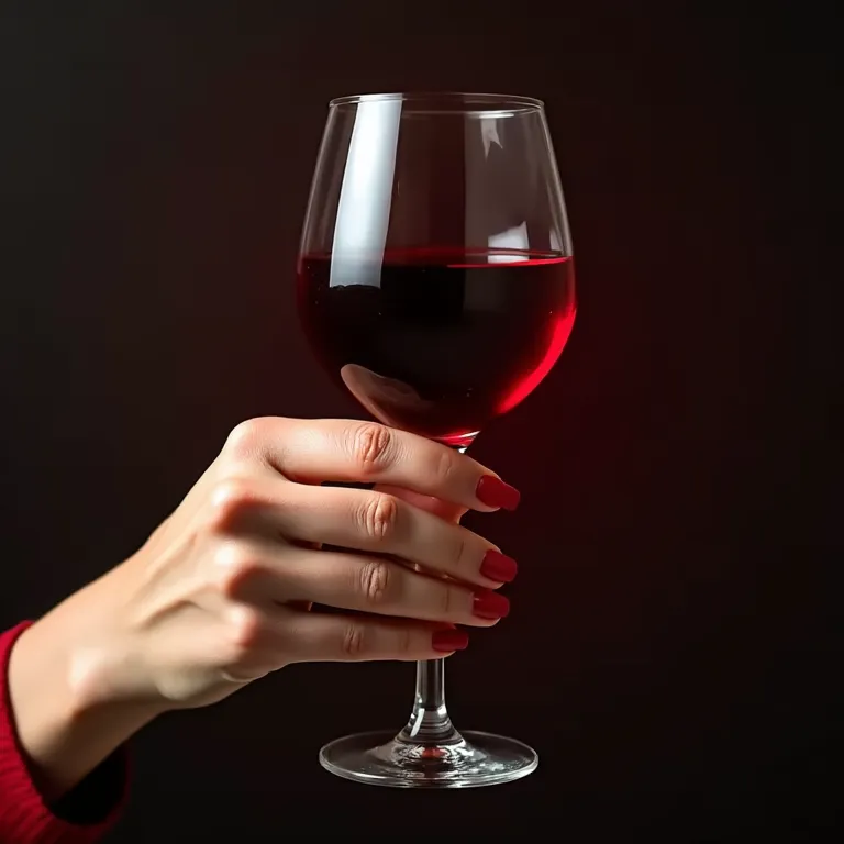 Mão feminina com unhas vermelhas segurando uma taça de vinho tinto.