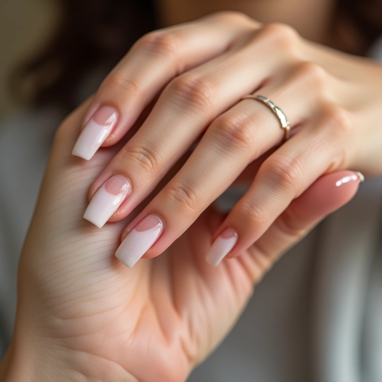 Mão feminina exibindo francesinha em gel durável.