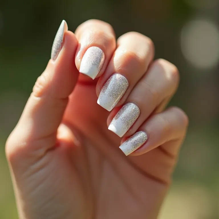 Mão feminina exibindo unhas brancas com glitter, tendência em destaque.