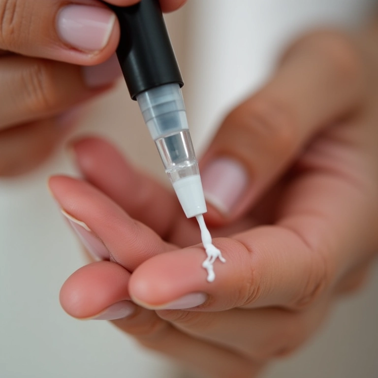 Mão feminina usando caneta removedora de esmalte para corrigir imperfeições na manicure.