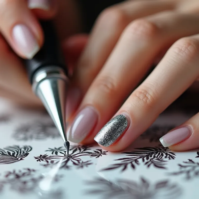 Mão feminina usando placa de carimbo em unhas de gel, precisão.