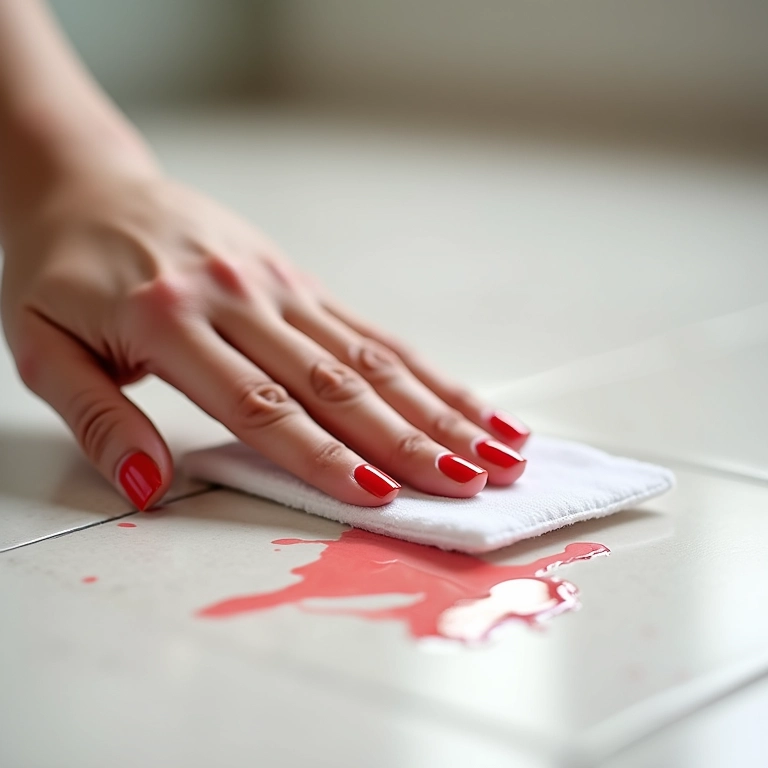 Mão limpando esmalte derramado com acetona e algodão.