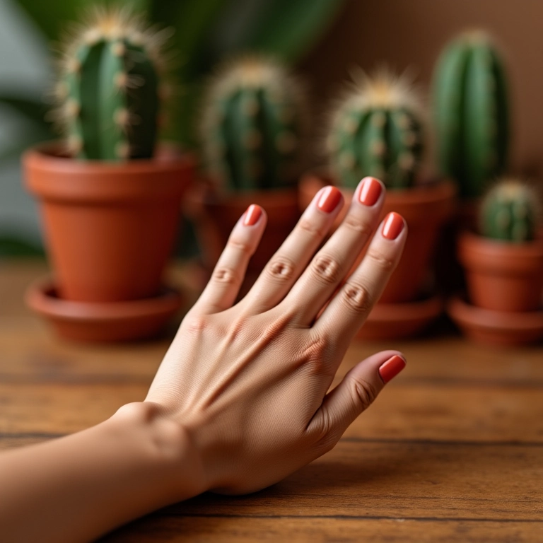 Mão morena com esmalte terracota em mesa de madeira com vasos de barro e cactos.