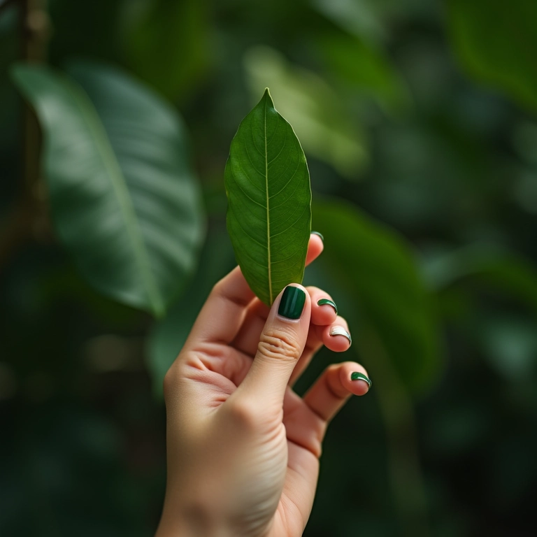 Mão morena com esmalte verde floresta segurando folha de costela de adão.