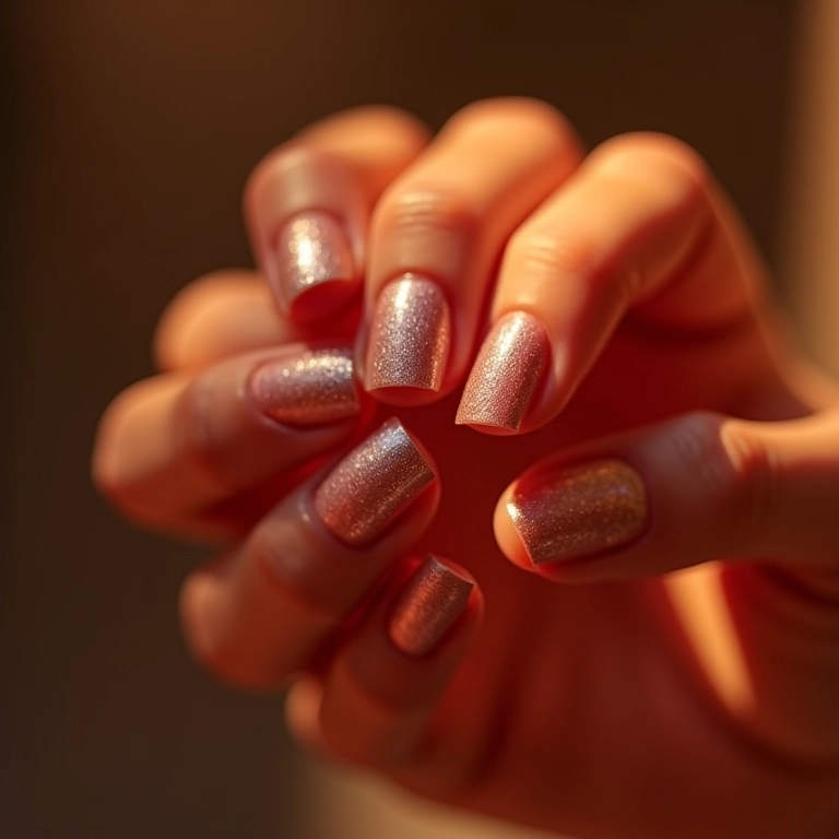 Mão mostrando esmalte Jackie cintilante, brilho discreto sob luz natural.
