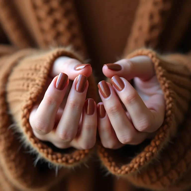 Mãos aconchegantes com esmaltes marrons, tons de chocolate a caramelo.