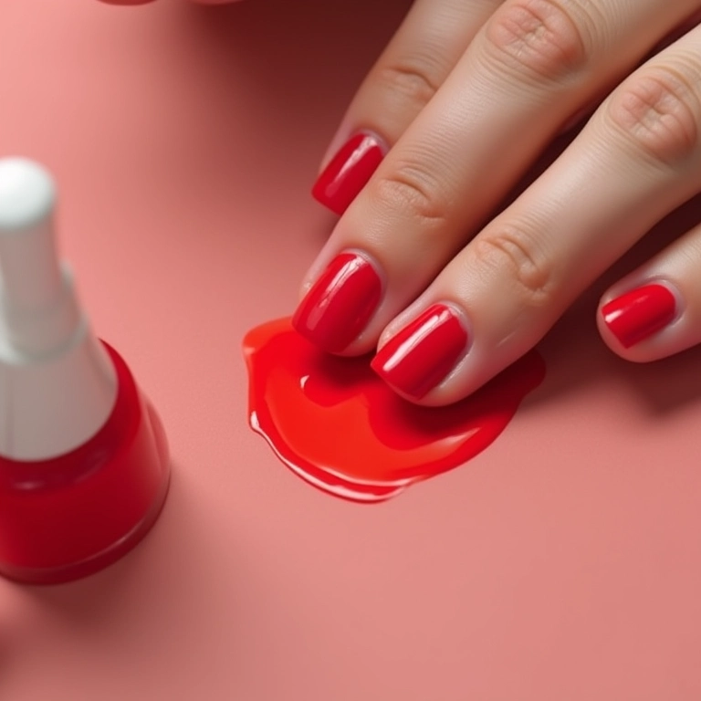 Mãos aplicando camadas finas de esmalte vermelho.