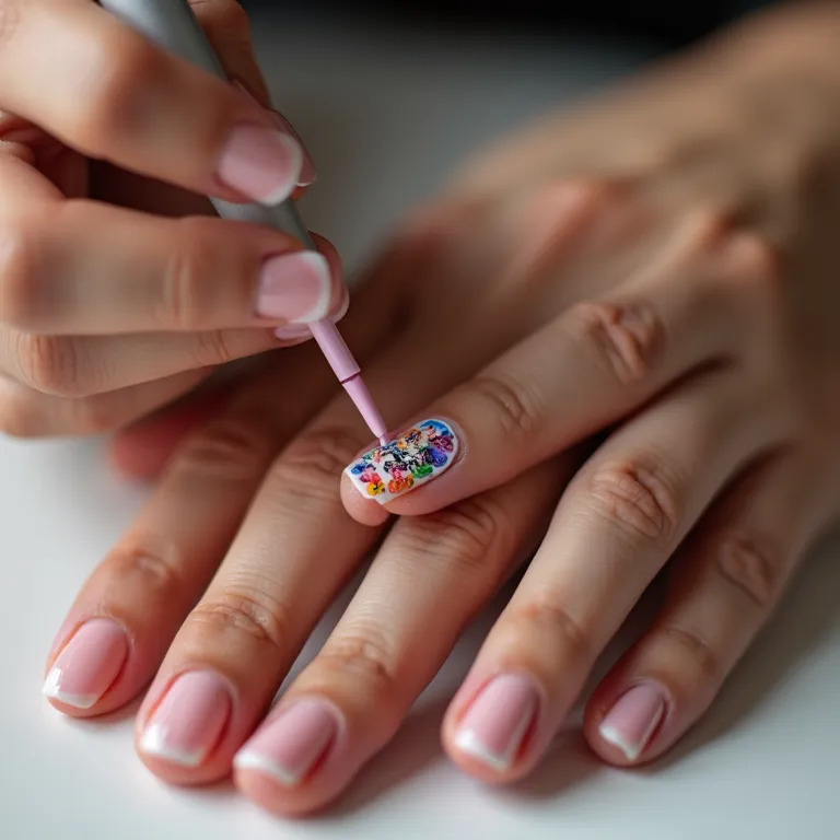 Mãos aplicando esmalte e adesivos de Kpop nas unhas, com estilo Farm Rio, cores vibrantes e luz natural.