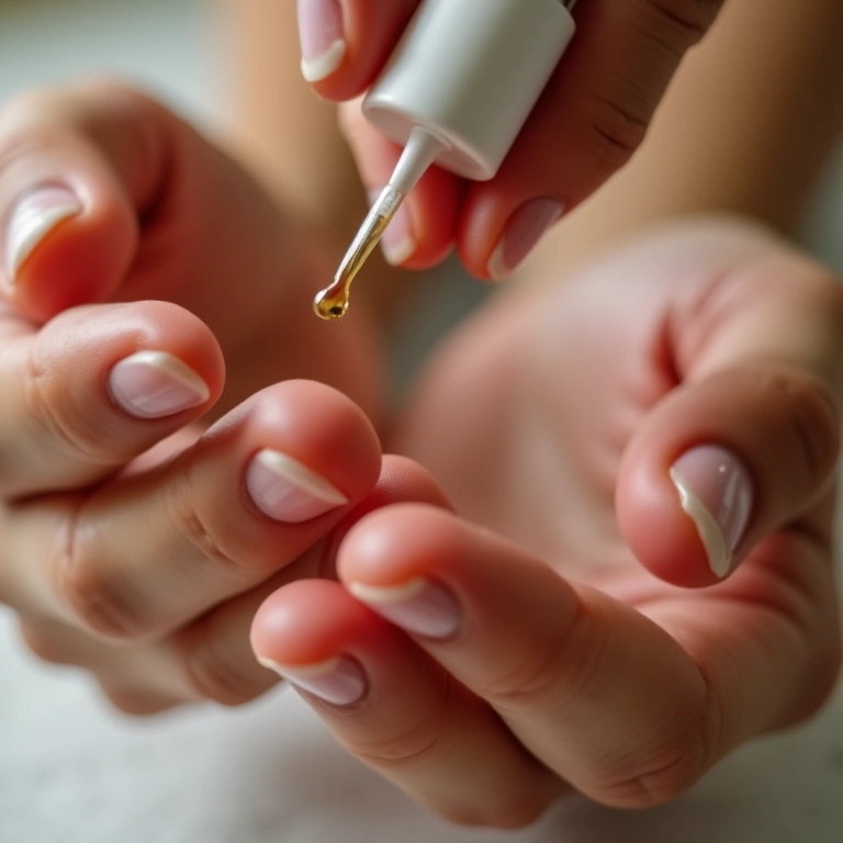 Mãos aplicando óleo de cutícula, com cutículas bem cuidadas.