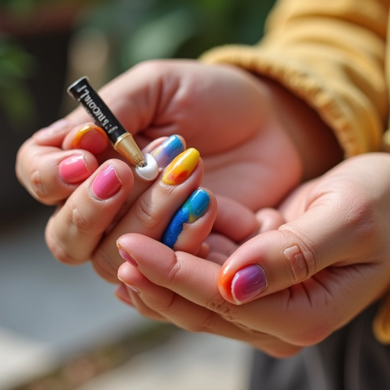 Mãos aplicando películas de unha caseiras com esmaltes coloridos.