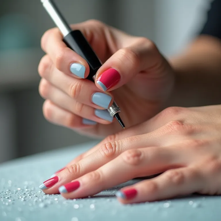 Mãos aplicando top coat de secagem rápida.