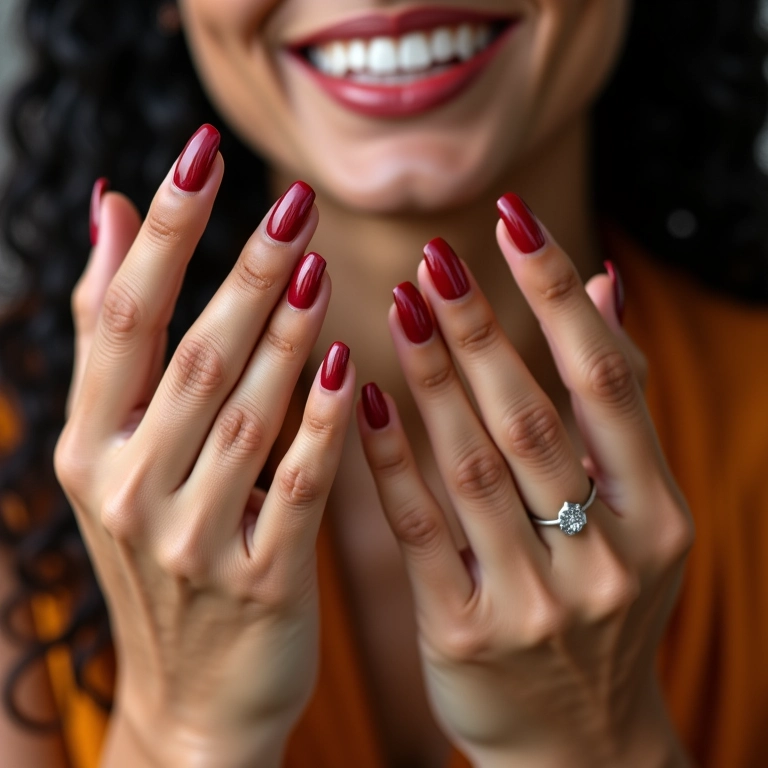 Mãos com diferentes acabamentos de esmalte: brilho, fosco e glitter.