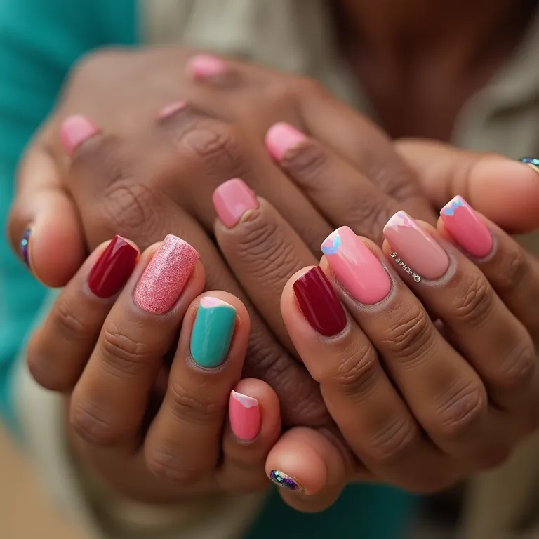 Mãos com diferentes cores de esmalte em gel vibrantes.